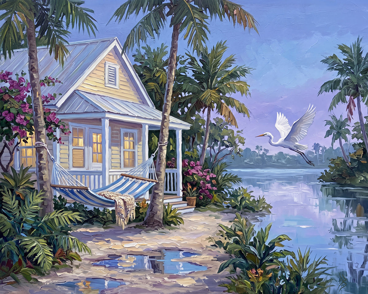 When the Island Exhales – Key West Cottage & Great White Heron | Canvas or Paper Art Print