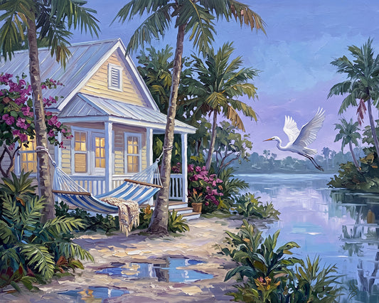When the Island Exhales – Key West Cottage & Great White Heron | Canvas or Paper Art Print