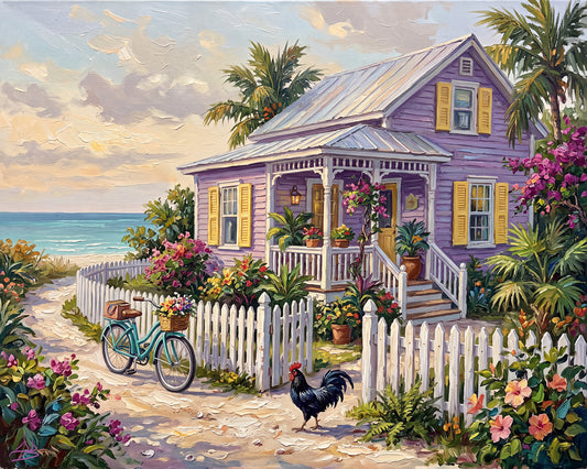 Lilac Cottage by the Sea – Key West Rooster & Bicycle | Canvas or Paper Art Print