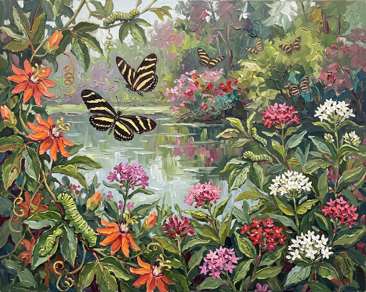 Wings Among the Blossoms – Zebra Longwing Butterfly Garden | Canvas or Paper Art Print