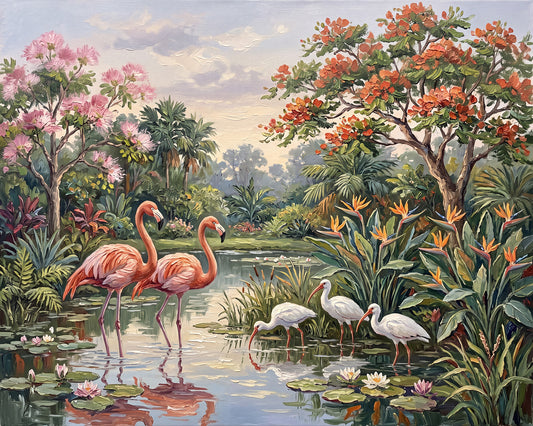 Wading in Paradise – Flamingos & White Ibis | Canvas or Paper Art Print