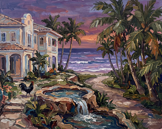 Where the Water Sings – Key West Twilight Garden & Rooster | Canvas or Paper Art Print