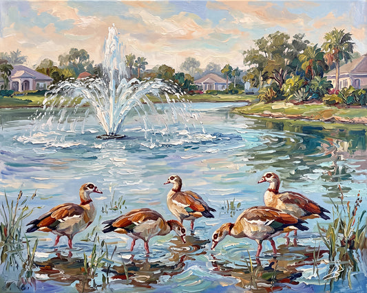 Egyptian Geese by the Pond Fountain | Canvas or Paper Art Print