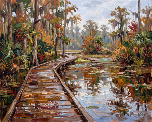 Where the Boardwalk Wanders – Woodland Wetland | Canvas or Paper Art Print