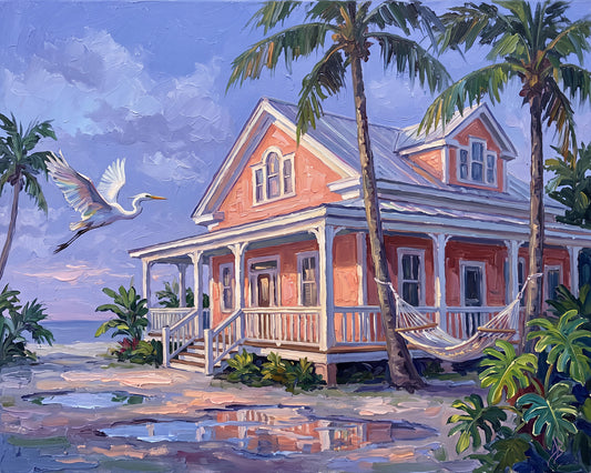 Where the Day Drifts Away – Coral Key West Cottage & White Heron | Canvas or Paper Art Print