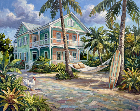 A Little Island Time – Key West Conch House, Hammock & Surfboard | Canvas or Paper Art Print