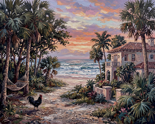 An Evening by the Sea – Key West Sunset, Hammock & Rooster | Canvas or Paper Art Print