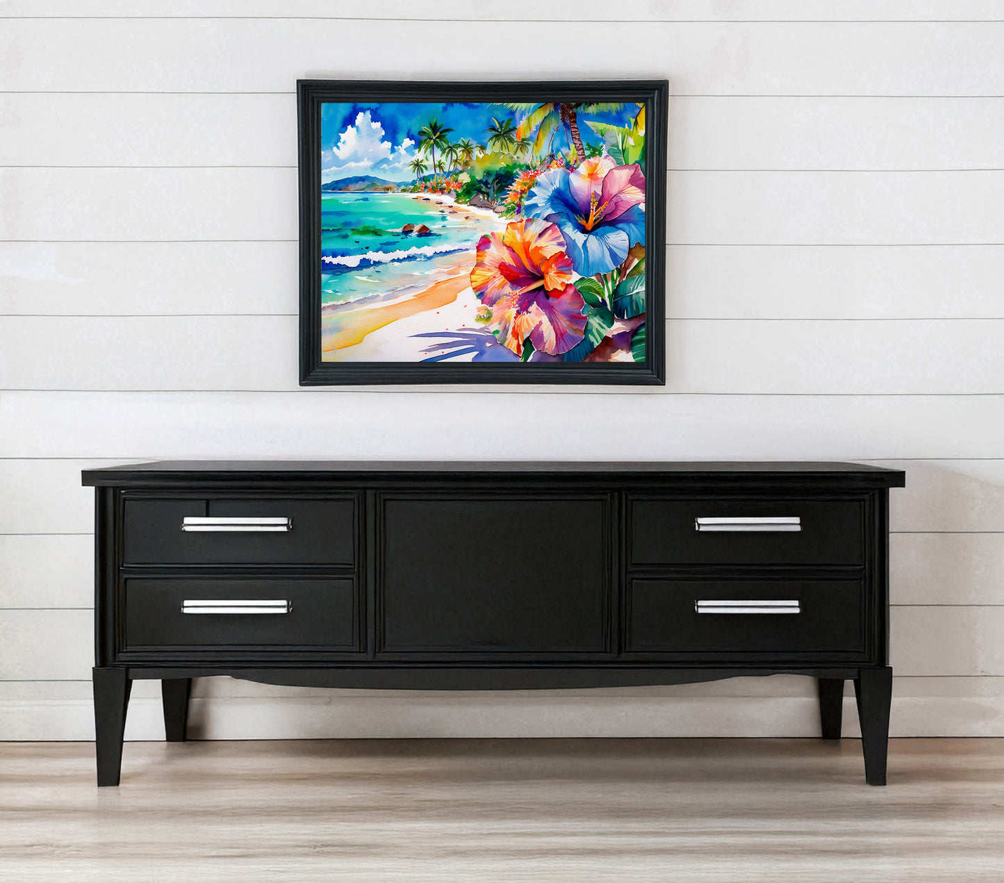 Beach, Palm Trees and Hibiscus, Vibrant Print: Canvas or Paper