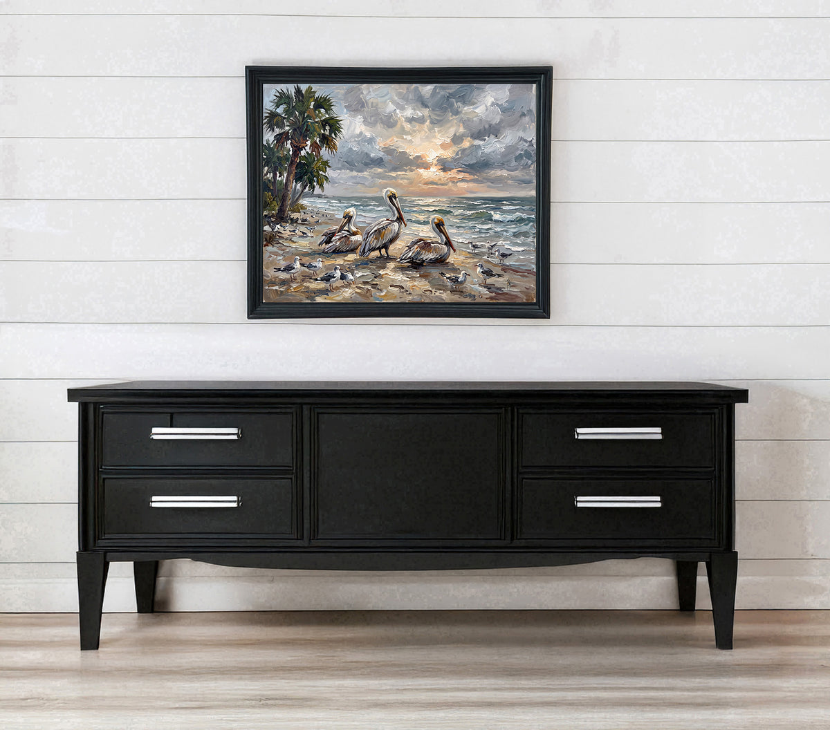 Pelicans at Sunset on a Palm-Lined Beach | Canvas or Paper Art Print