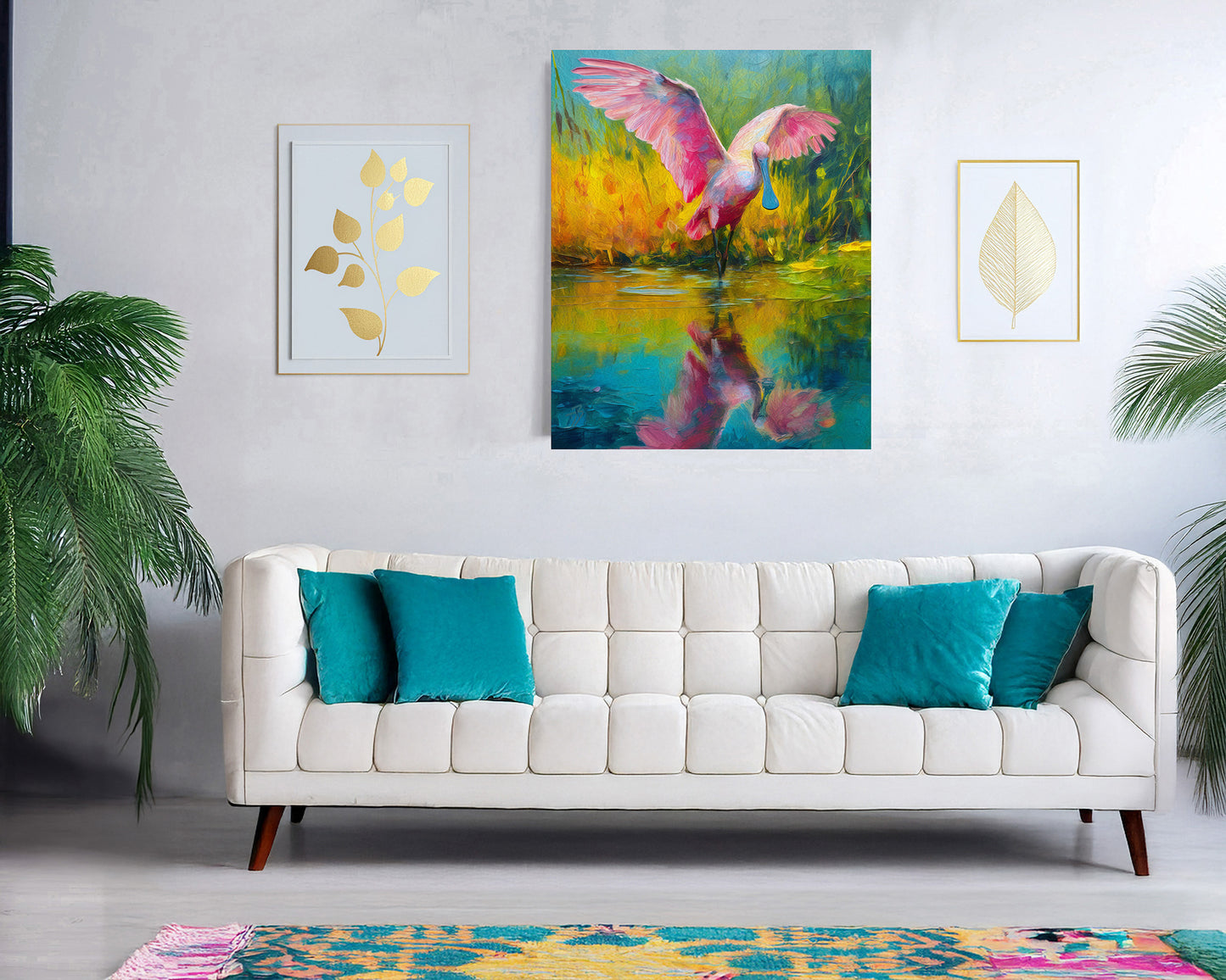 Roseate Spoonbill Wading in Blue Waters: Florida Wildlife Art Print