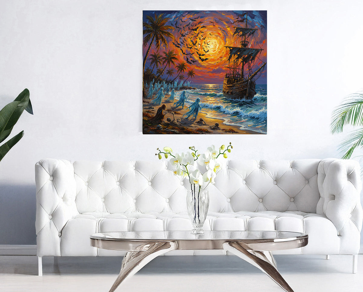 Ghostly Pirate Ship at Sunset | Canvas or Paper Art Print