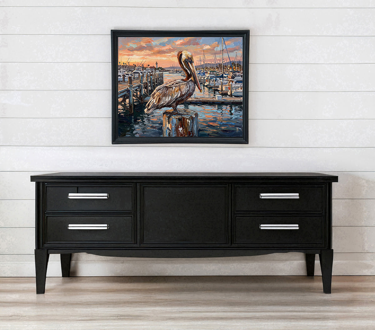 The Harbor Lookout – Pelican at Sunset Marina | Canvas or Paper Art Print