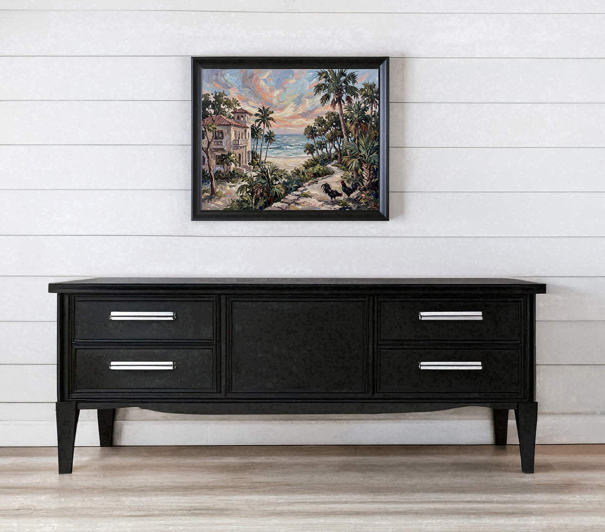 Where the Palms Meet the Sea – Key West Coastal House & Roosters | Canvas or Paper Art Print