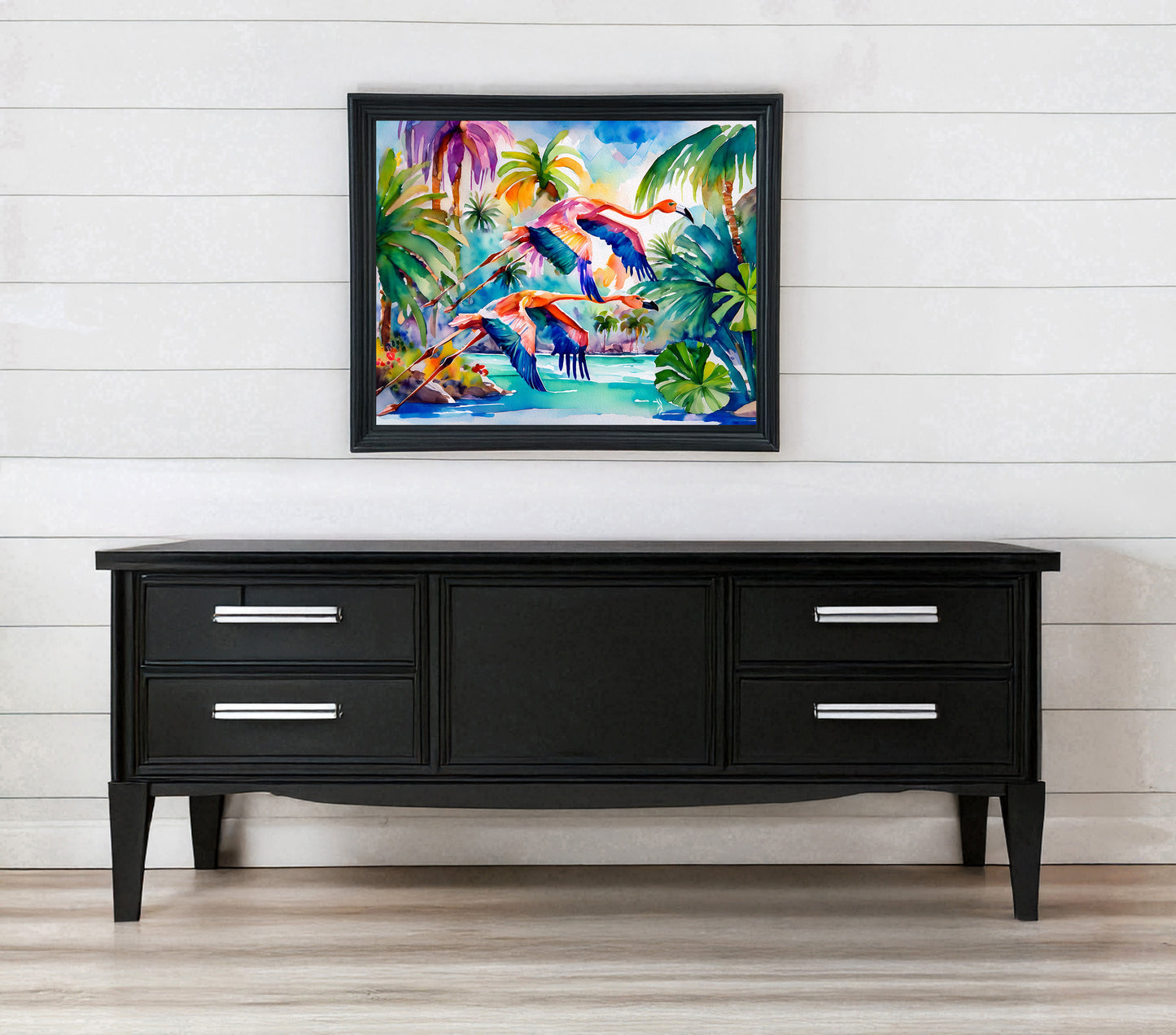 Flamingos Flying Coastal Tropical Landscape Vibrant Print