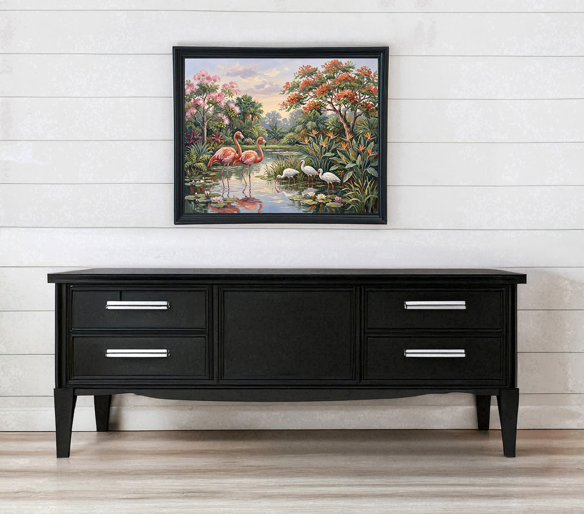 Wading in Paradise – Flamingos & White Ibis | Canvas or Paper Art Print
