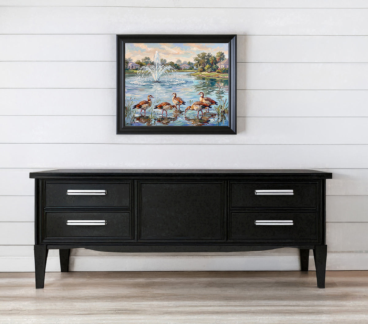 Egyptian Geese by the Pond Fountain | Canvas or Paper Art Print