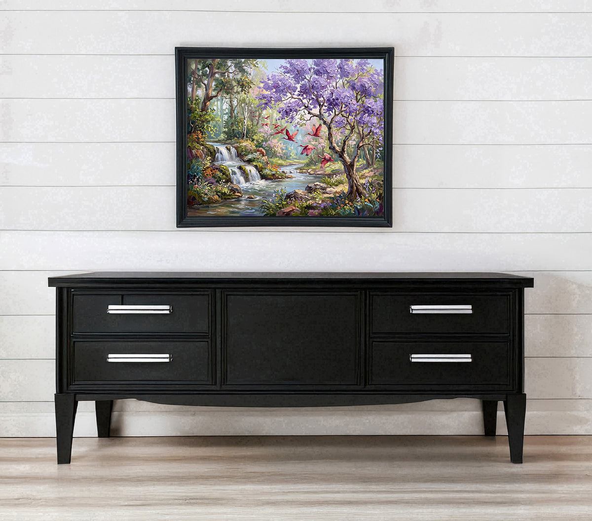 Scarlet Flight Through the Enchanted Garden | Canvas or Paper Art Print