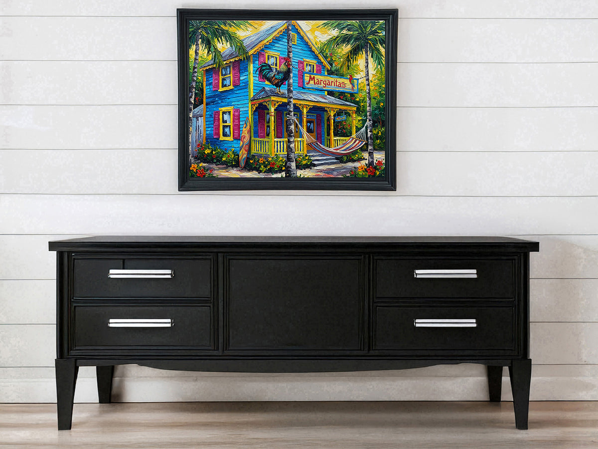 Margaritas Key West Conch House with Rooster & Hammock | Canvas or Paper Art Print
