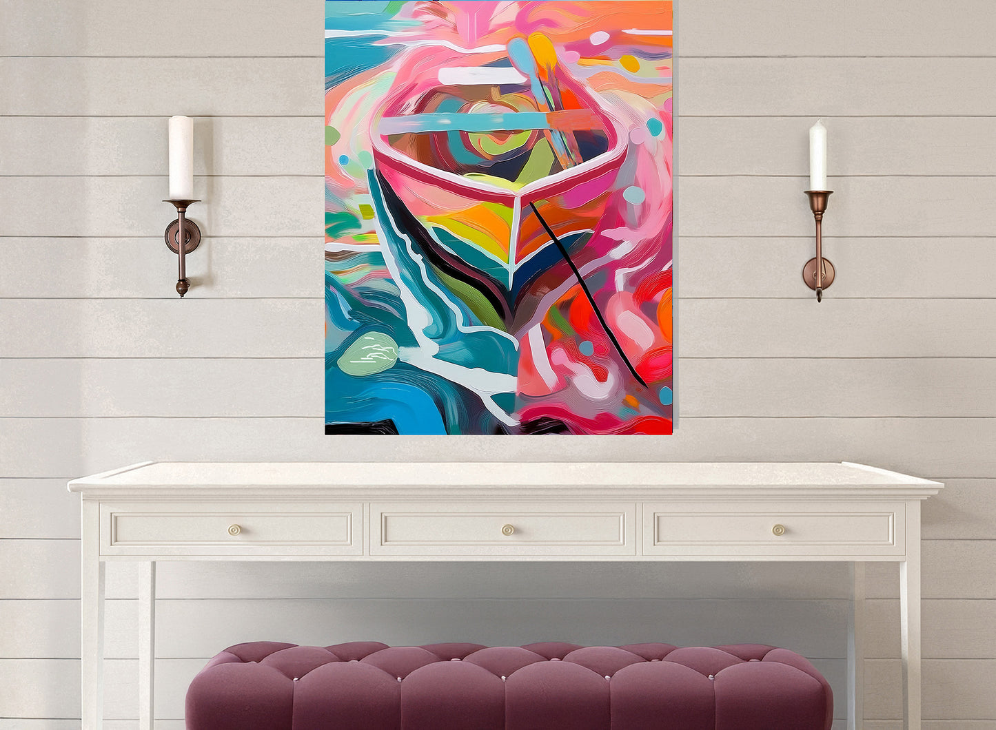 Vibrant Anchored Row Boat on a Florida Lake Print: Canvas or Paper