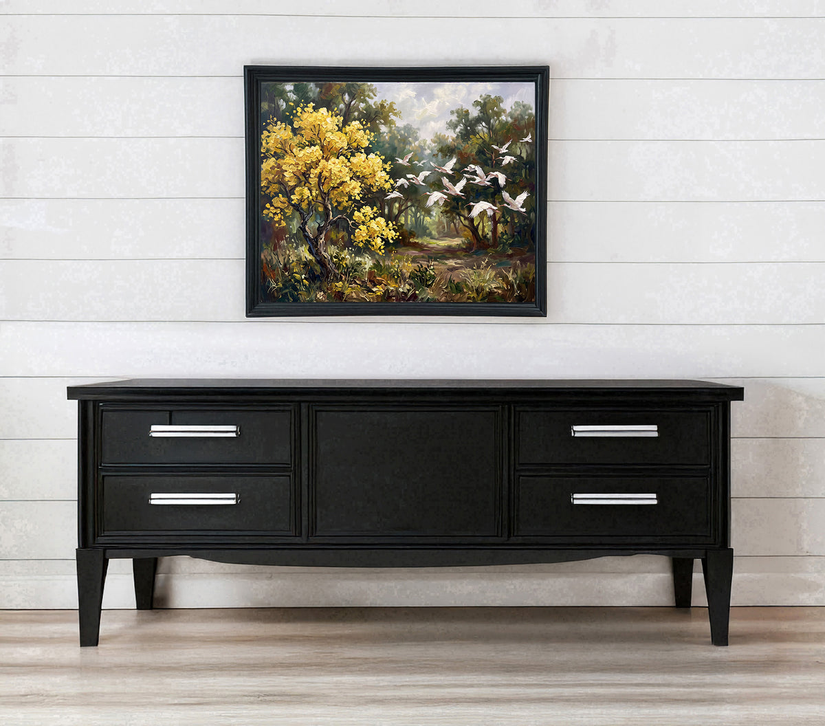White Wings, Golden Blossoms – Ibis in Flight | Canvas or Paper Art Print