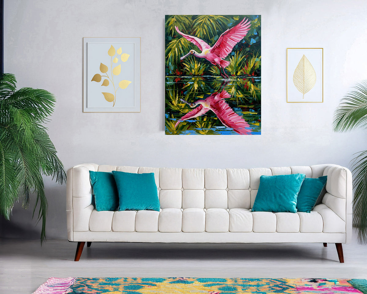 Roseate Spoonbill in Flight Over Tropical Wetlands | Canvas or Paper Art Print