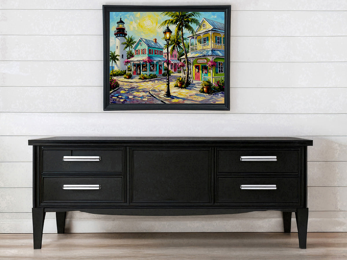 Key West Lighthouse & Pastel Conch Cottages | Canvas or Paper Art Print