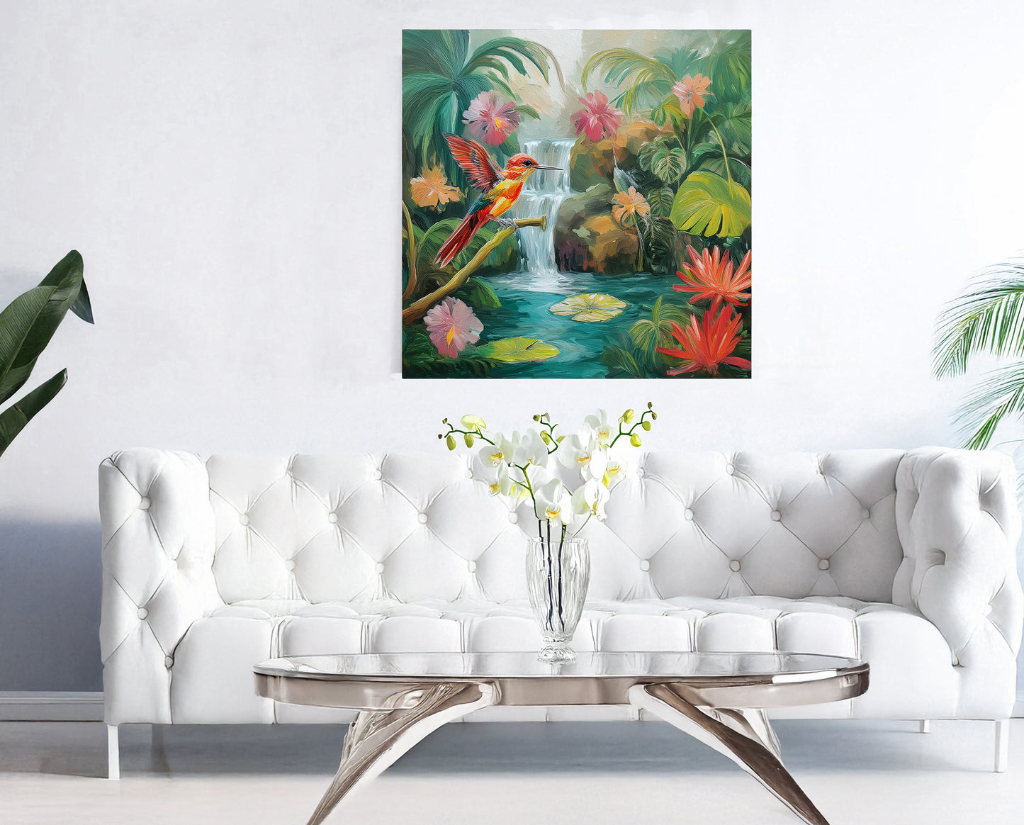 Hummingbird and Waterfall Tropical Print: Canvas or Paper