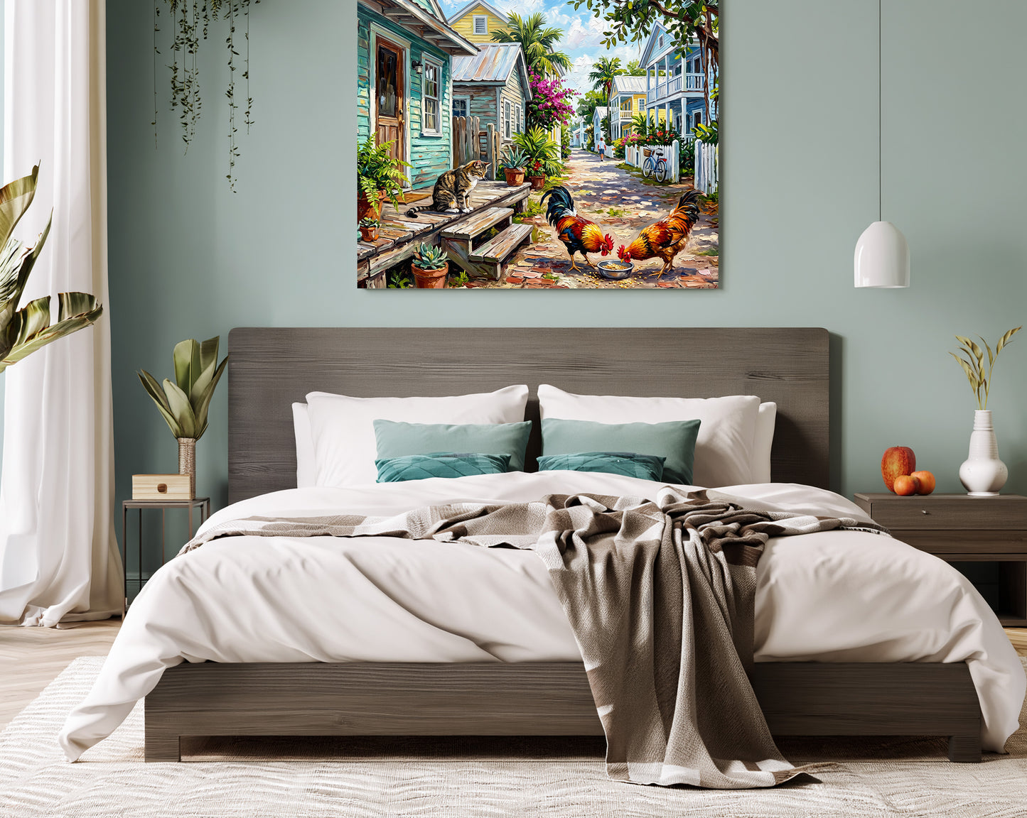 Key West Homes and Roosters Print: Canvas or Paper