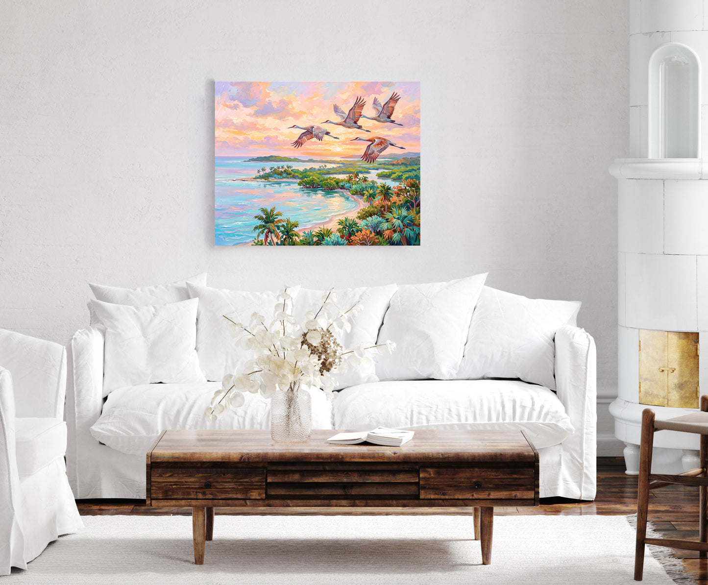 Flamingos Flying Over Blue Waters Coastal Tropical Landscape Vibrant Print