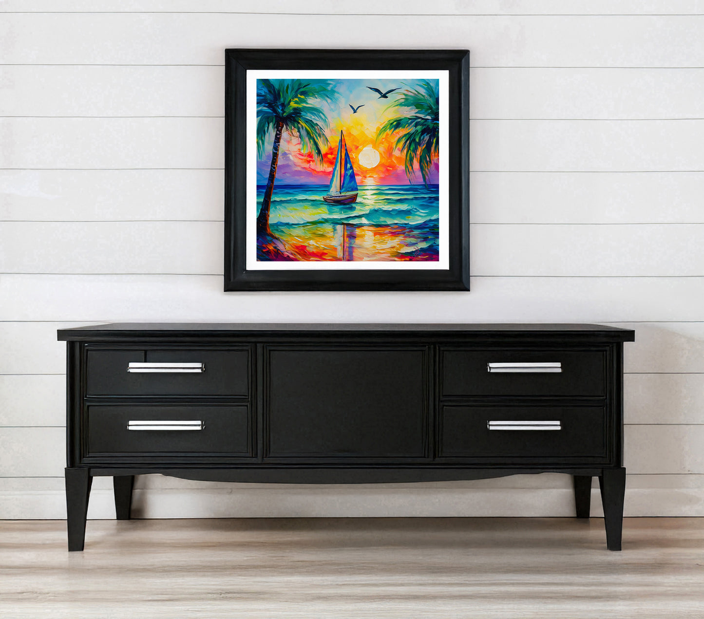 Sailboat, Palm Trees, Sunset, Ocean Waves Print on Canvas or Paper