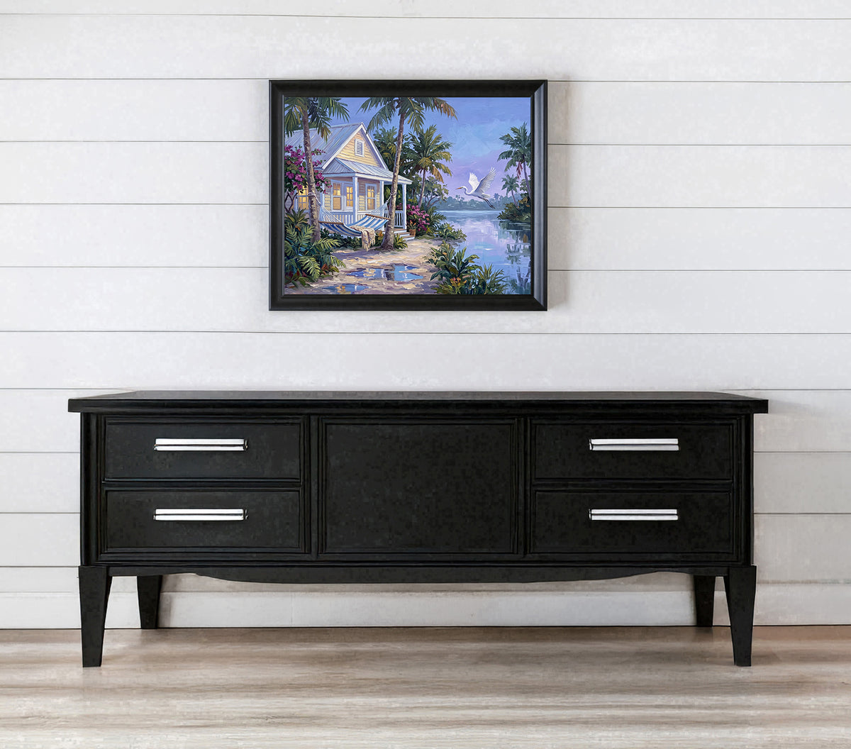 When the Island Exhales – Key West Cottage & Great White Heron | Canvas or Paper Art Print