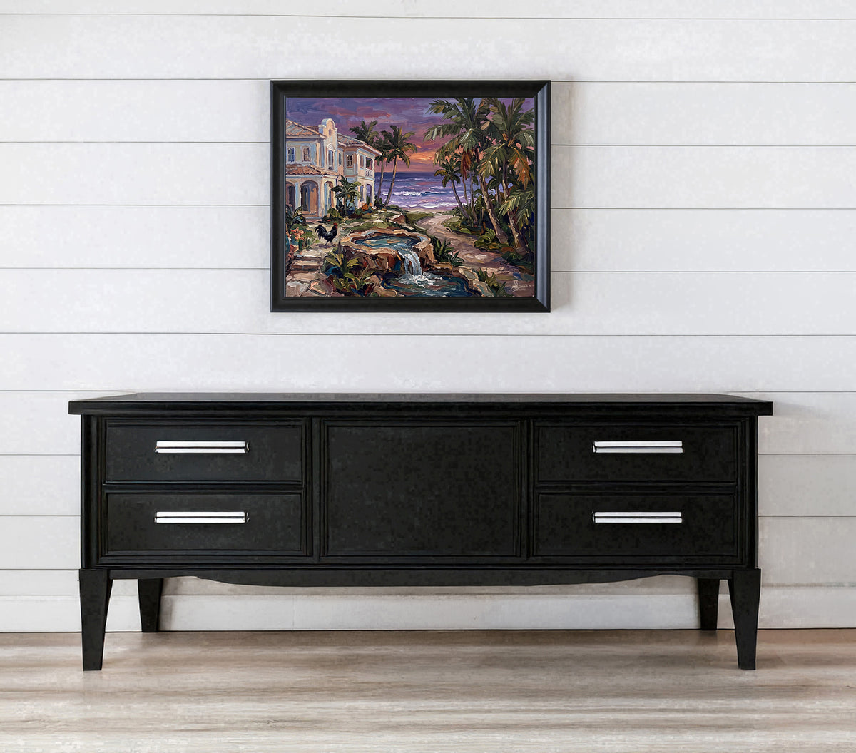 Where the Water Sings – Key West Twilight Garden & Rooster | Canvas or Paper Art Print