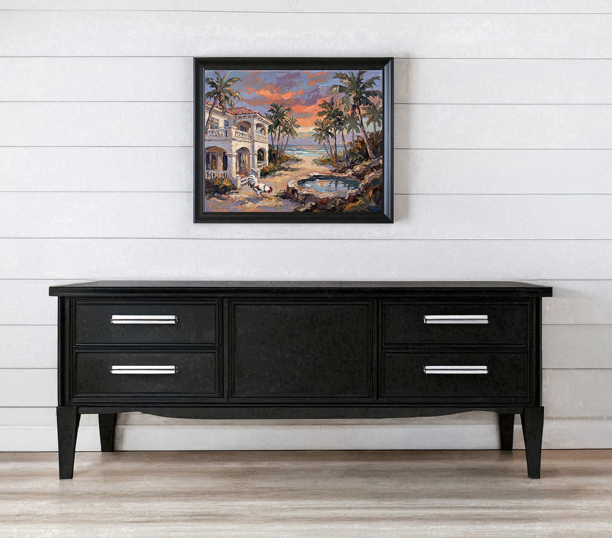 Reflections of an Island Sunset – Key West Coastal House & Rooster | Canvas or Paper Art Print