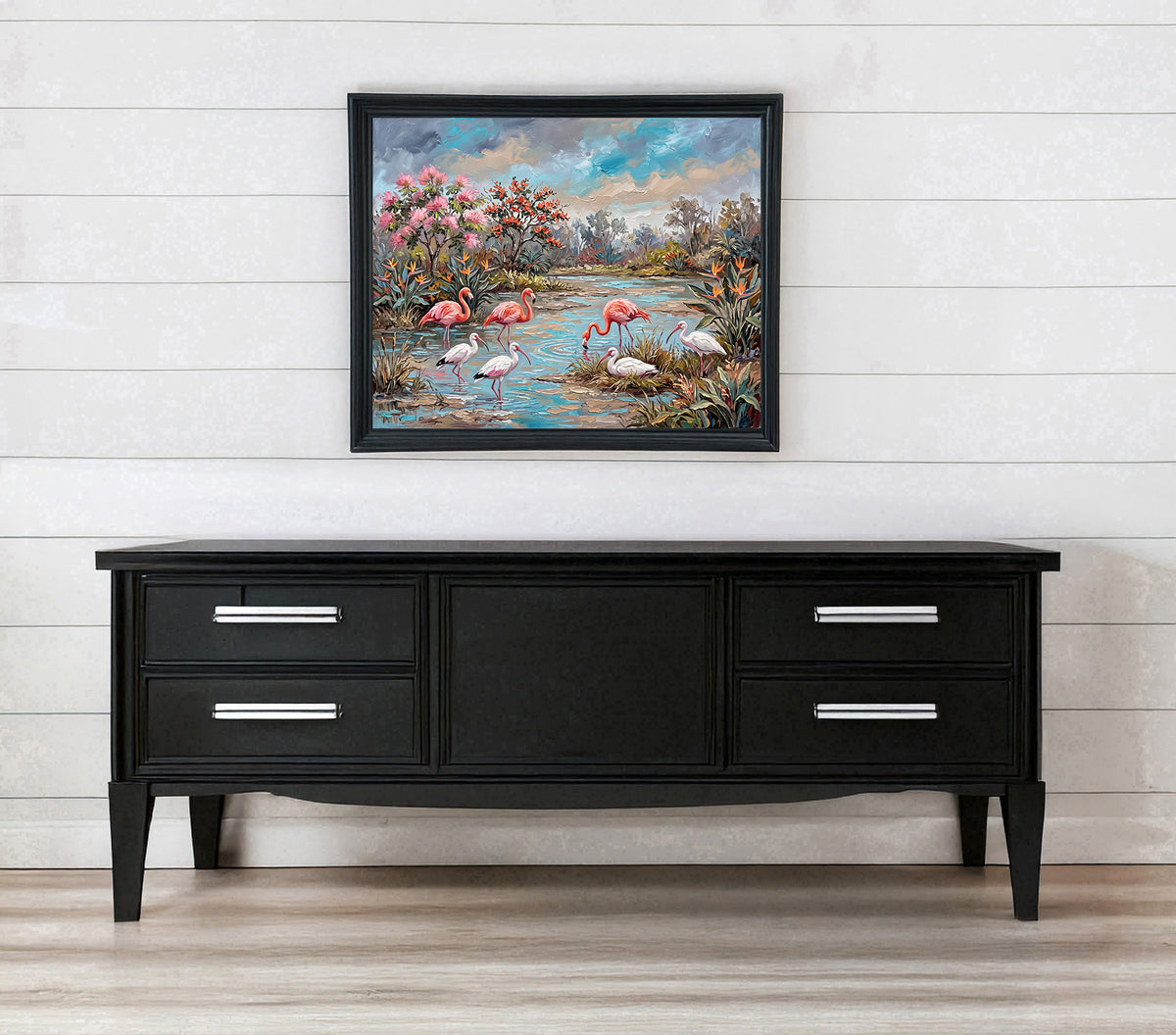 Flamingos & White Ibis in a Tropical Lagoon | Canvas or Paper Art Print