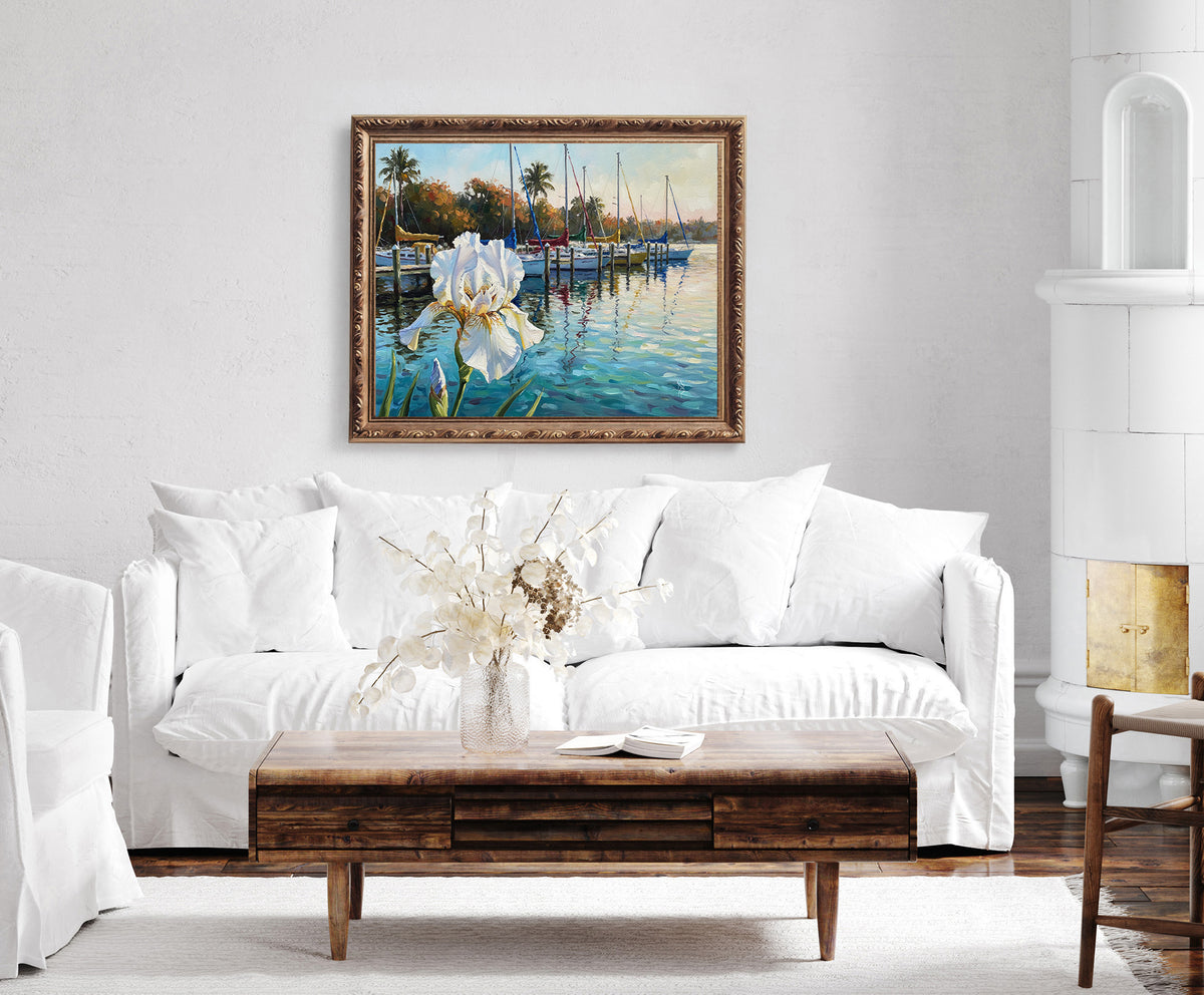 White Iris & Sailboats Florida Marina Fine Art Print | Floral Coastal Art | Canvas or Paper