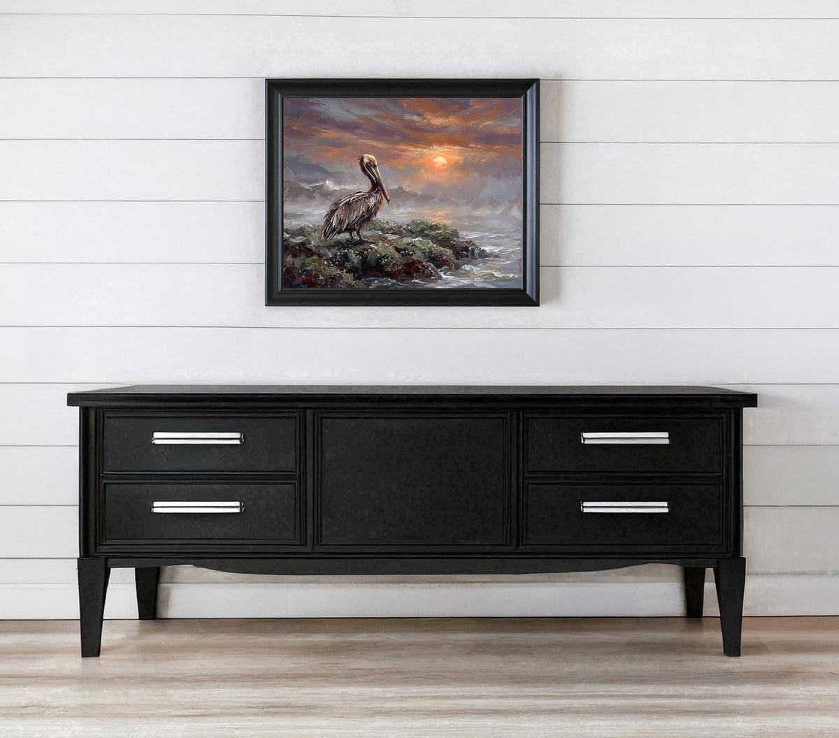 Keeper of the Evening Tide – Pelican at Sunset | Canvas or Paper Art Print
