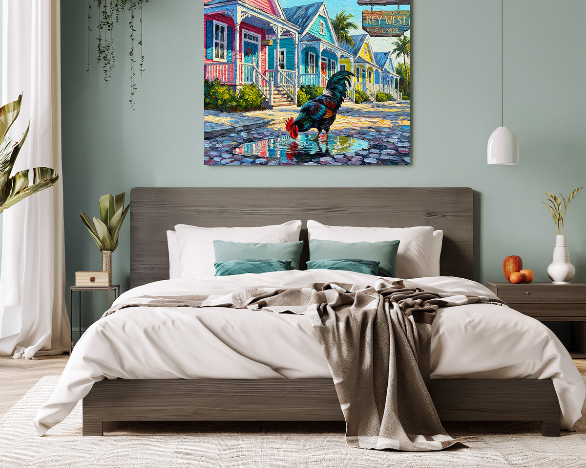 Key West Rooster on Duval Street | Colorful Conch Cottages Art Print