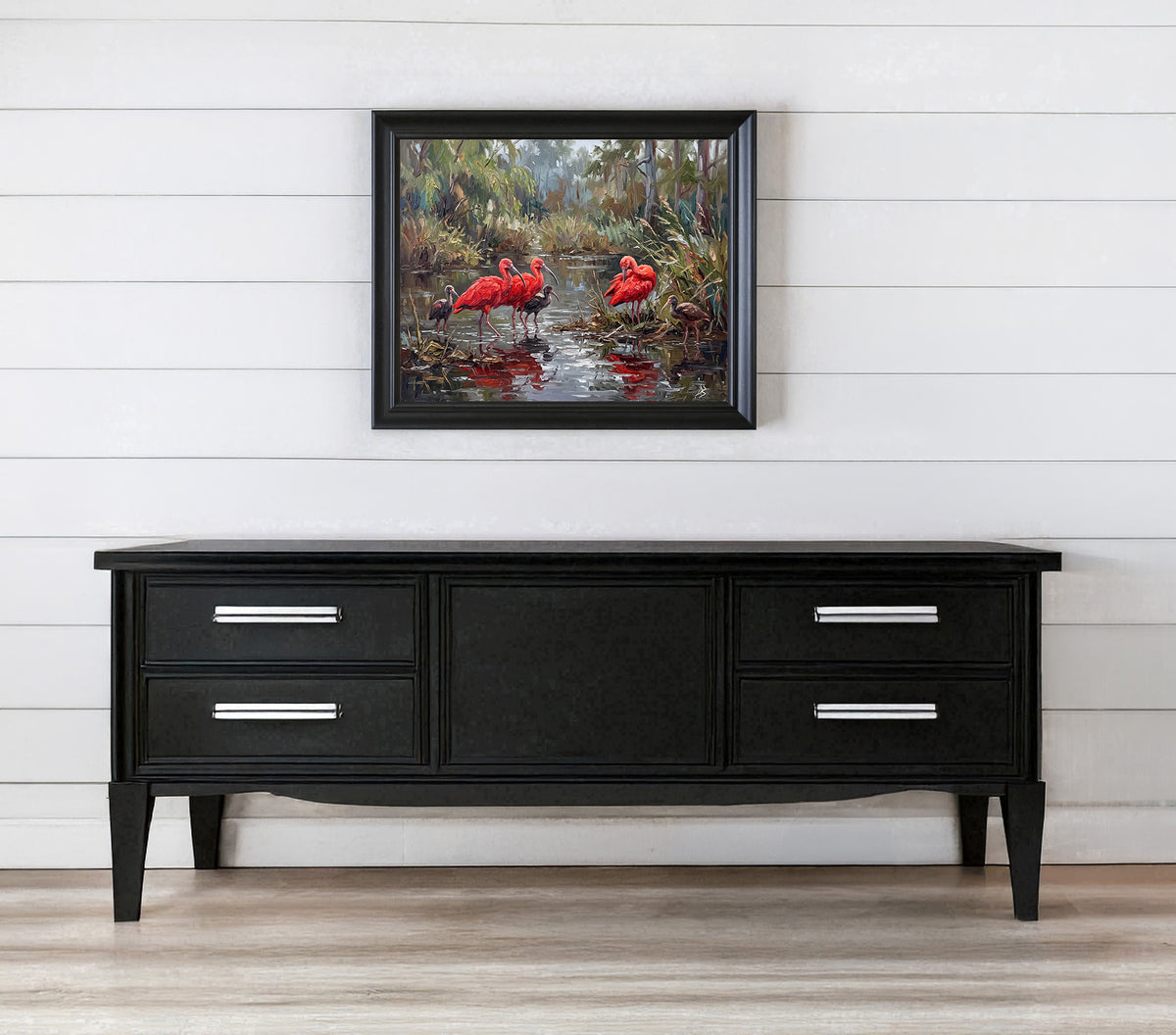 Scarlet Reflections – Ibis in the Hidden Wetlands | Canvas or Paper Art Print