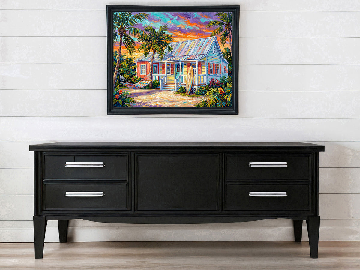 Key West Sunset Conch Cottage with Surfboard & Hammock | Canvas or Paper Art Print