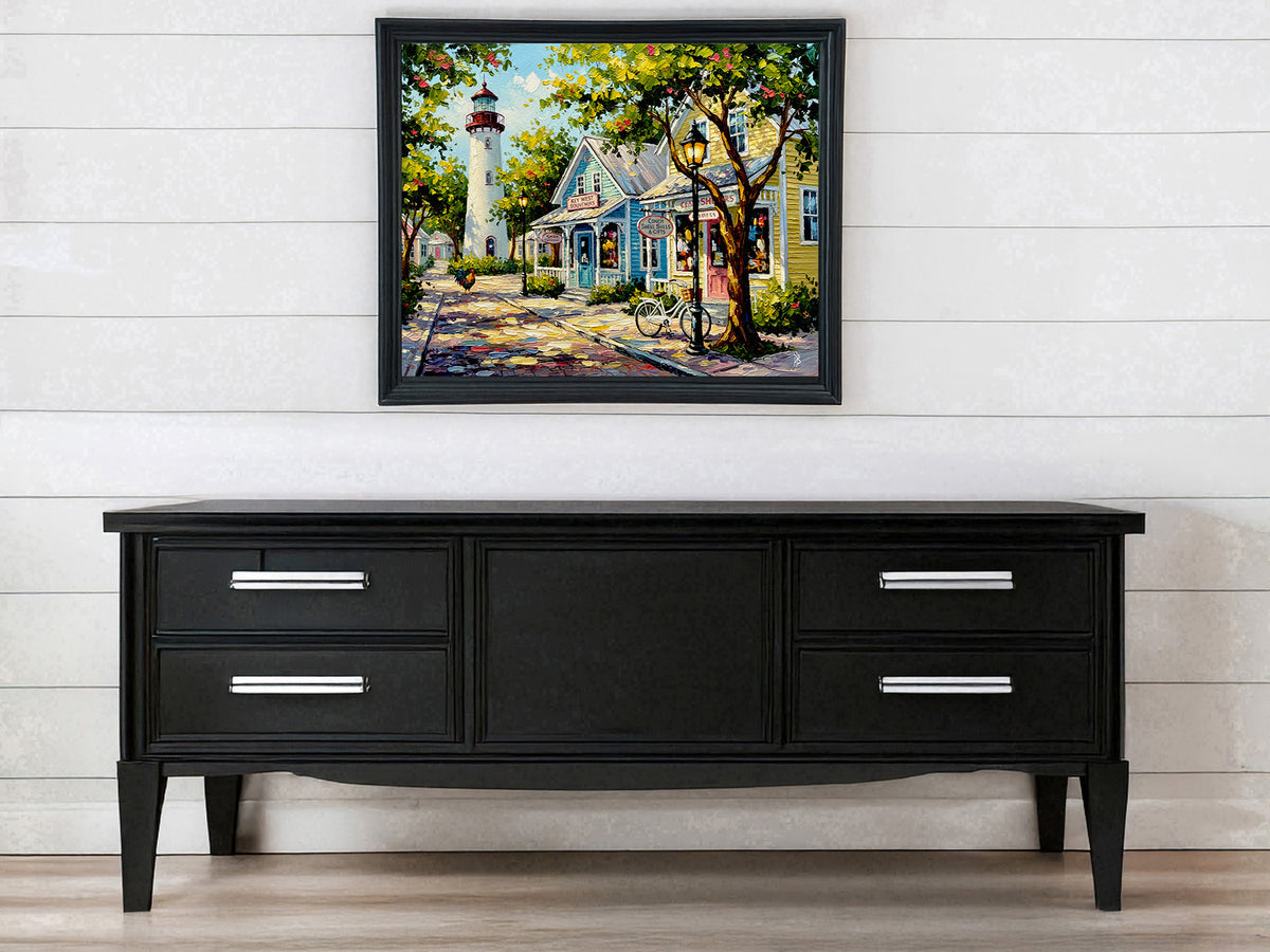Key West Lighthouse & Colorful Shops | Canvas or Paper Art Print
