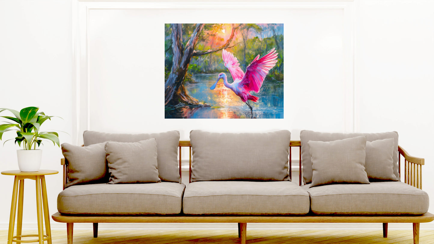 Roseate Spoonbill Wildlife Print: Florida Birds, Coastal Landscape Art
