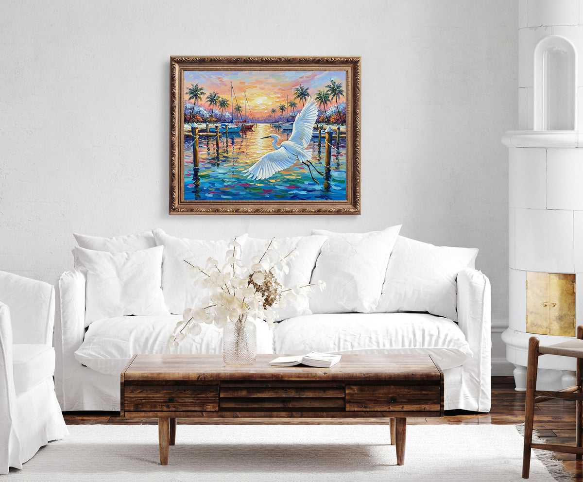 Great Egret Marina Sunset Fine Art Print | Florida Coastal Wildlife Art | Canvas or Paper