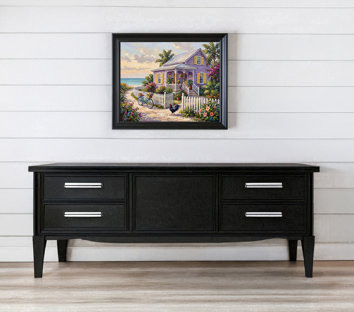 Lilac Cottage by the Sea – Key West Rooster & Bicycle | Canvas or Paper Art Print