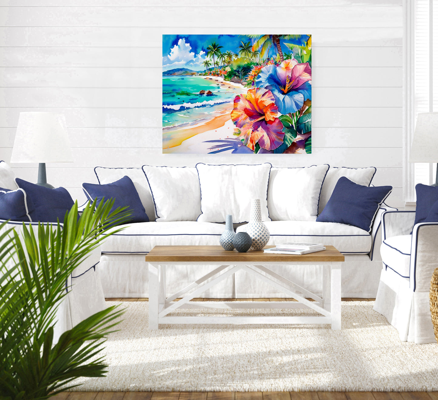 Beach, Palm Trees and Hibiscus, Vibrant Print: Canvas or Paper