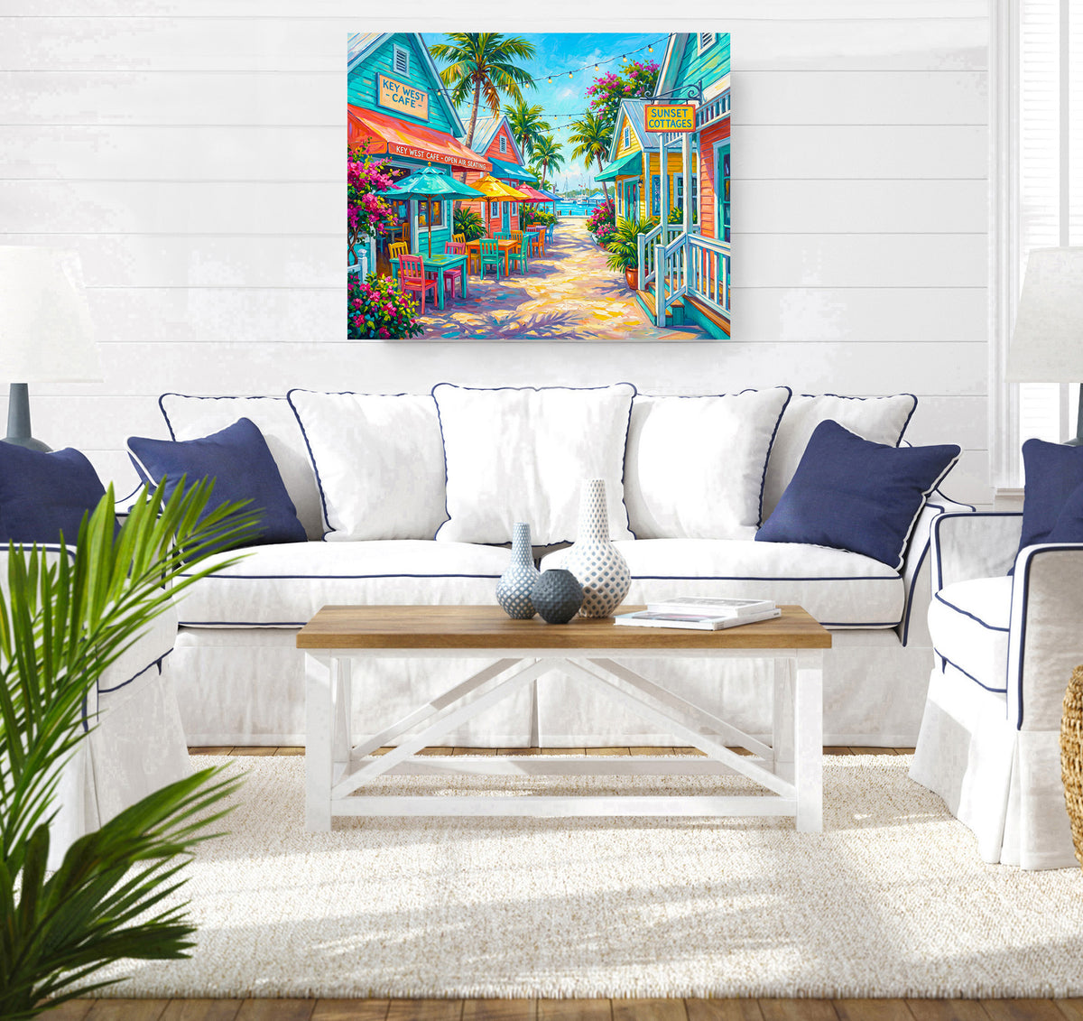 Key West Cafe Open Air Seating Street Scene | Canvas or Paper Art Print