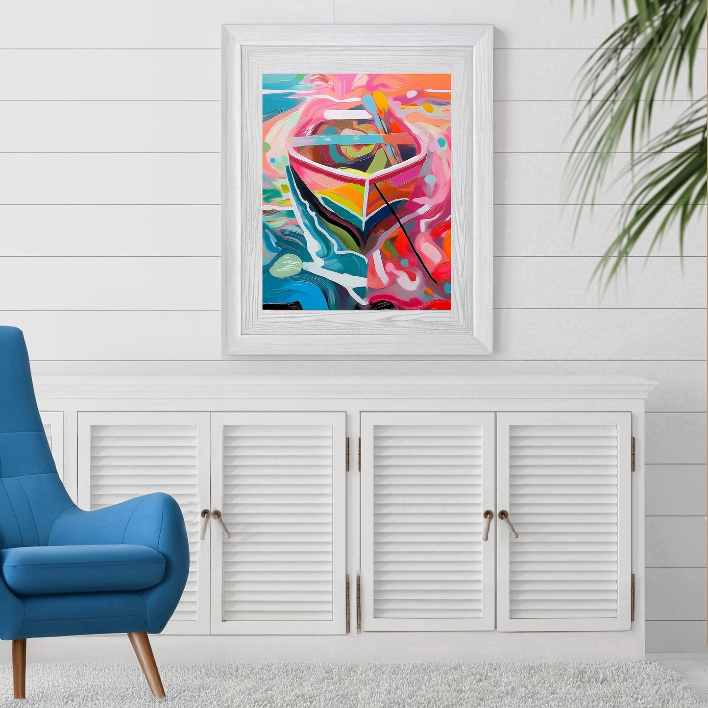 Vibrant Anchored Row Boat on a Florida Lake Print: Canvas or Paper