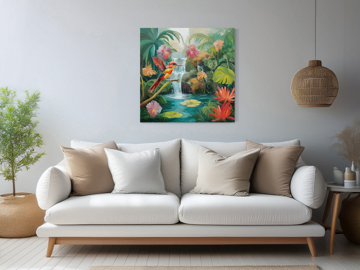 Hummingbird and Waterfall Tropical Print: Canvas or Paper