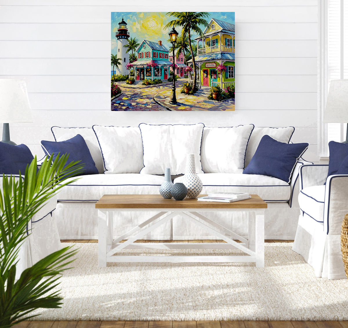 Key West Lighthouse & Pastel Conch Cottages | Canvas or Paper Art Print