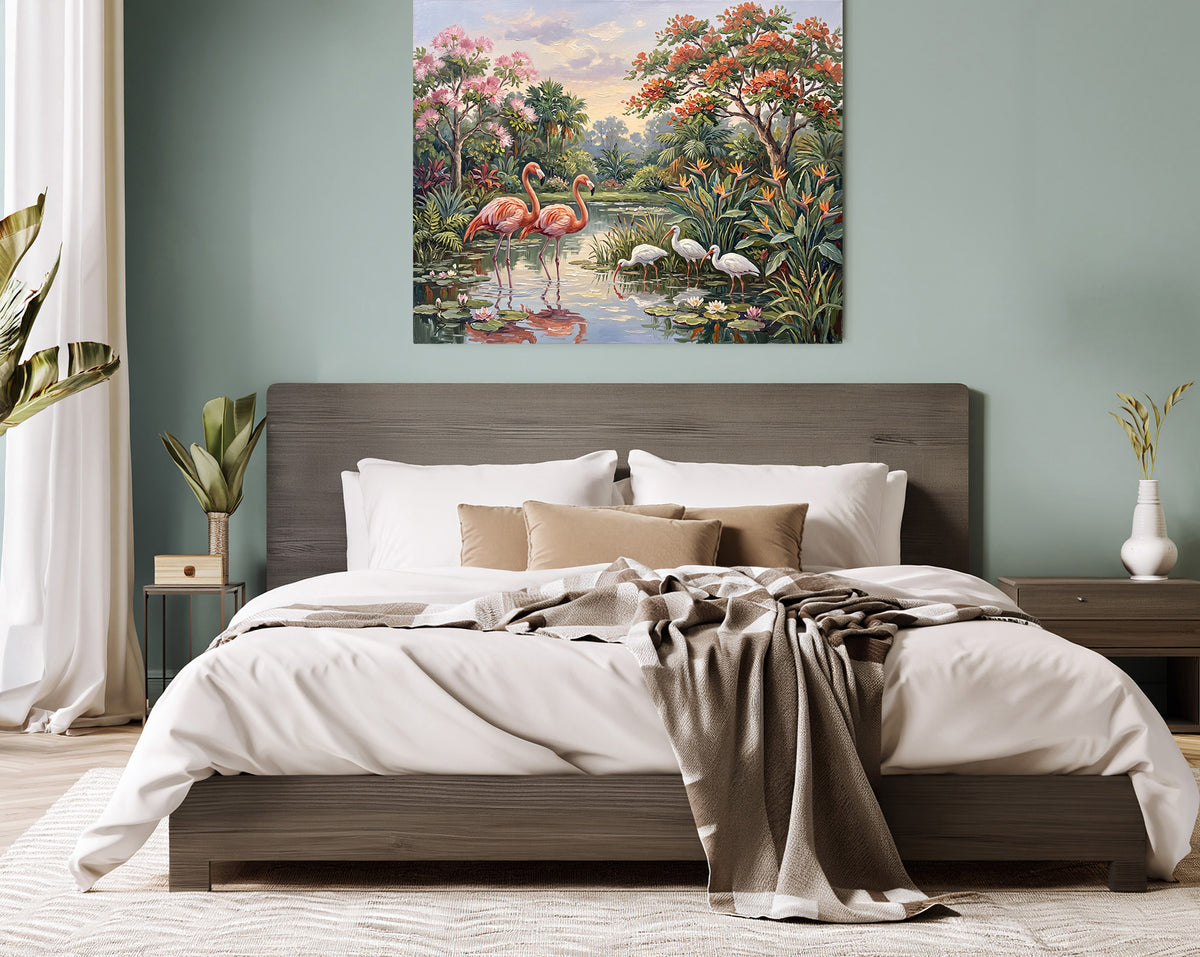 Wading in Paradise – Flamingos & White Ibis | Canvas or Paper Art Print