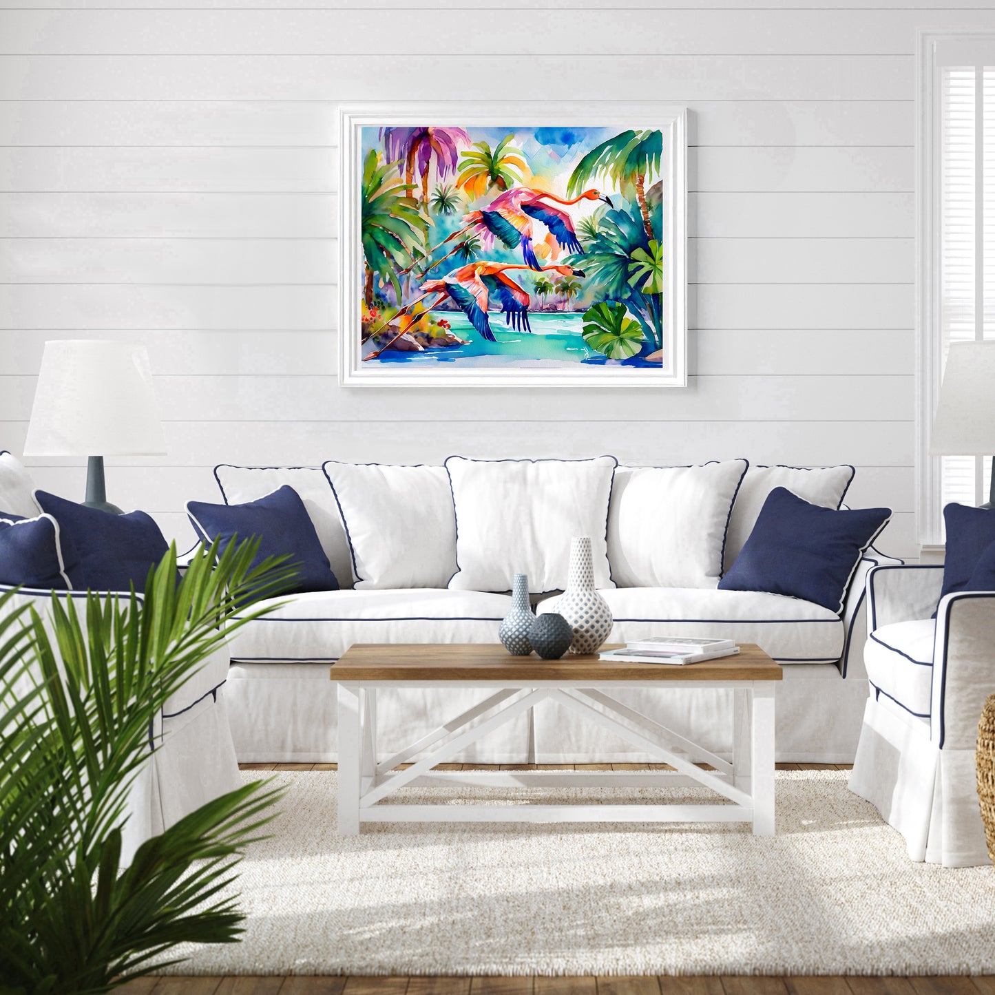 Flamingos Flying Coastal Tropical Landscape Vibrant Print